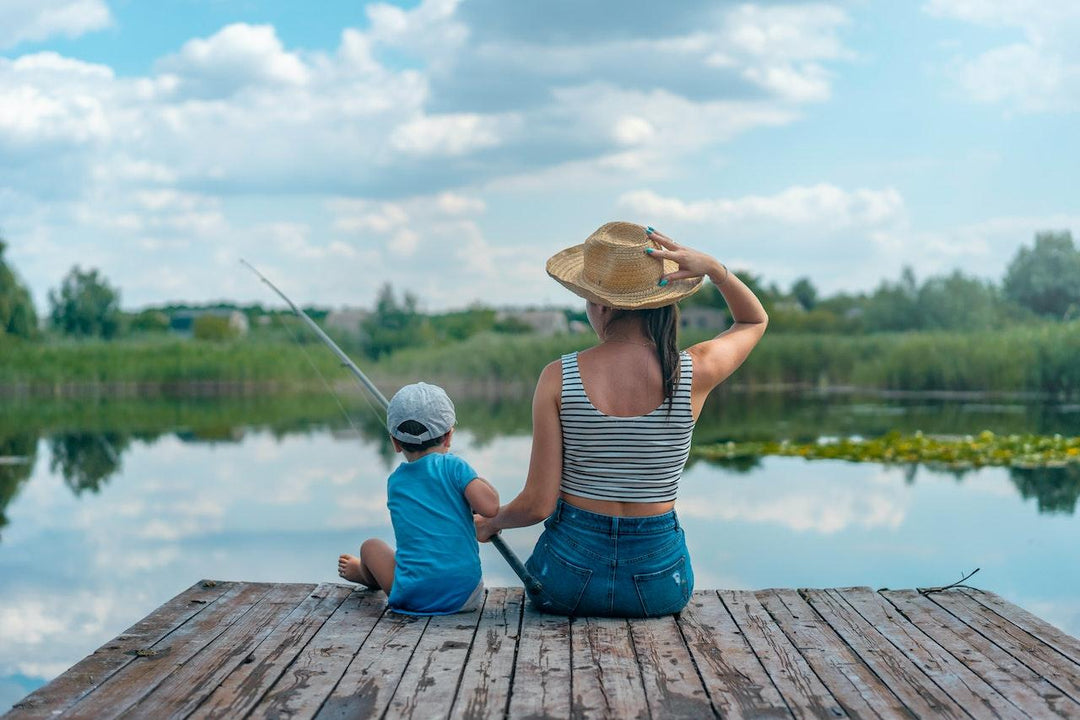 mother and son fishing